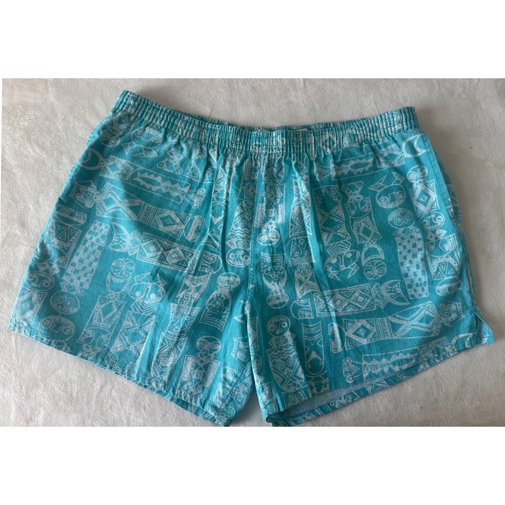 Islander Vintage Mens XL Teal Blue Tiki Tribal Print Cotton Swim Trunks Shorts